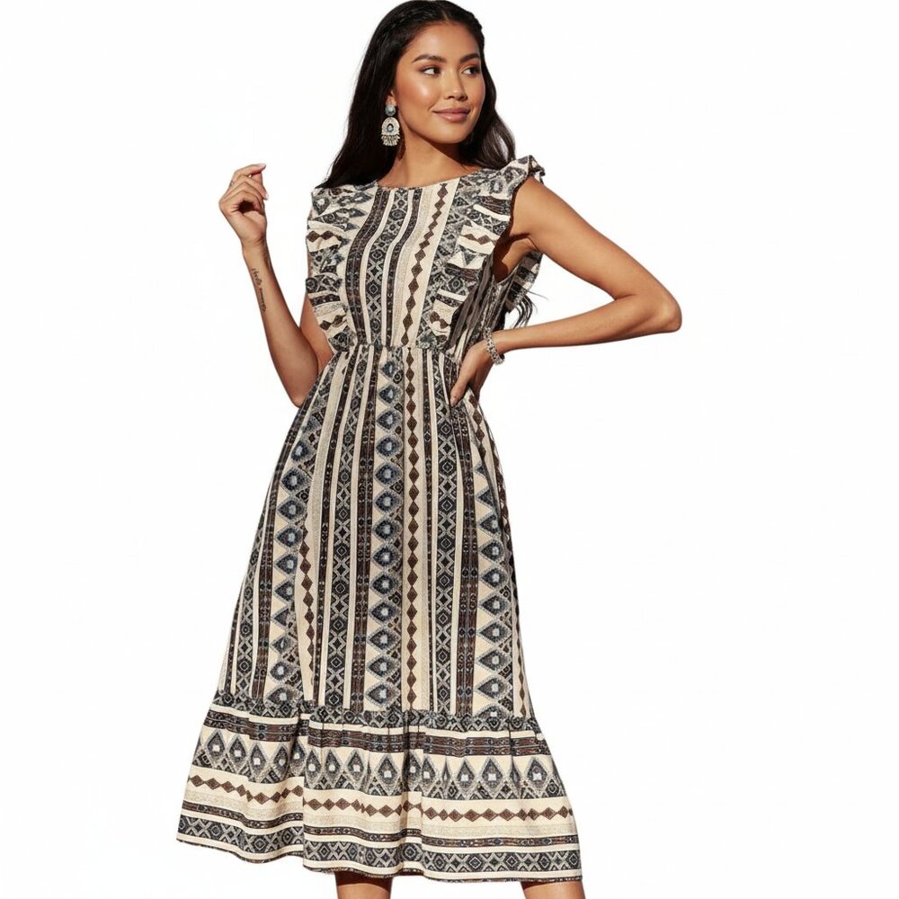 SHEIN Women's Boho Tribal Print Midi Dress Sz 6 Ruffle Trim Sleeveless Sundress